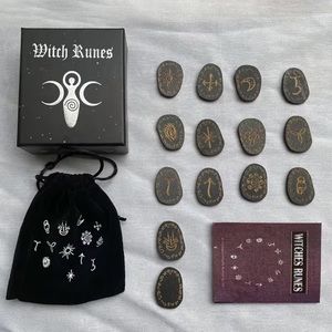 14Pc Wooden Runes Stone Set Witch Engraved Rune Symbol wiccan magic witch tarot